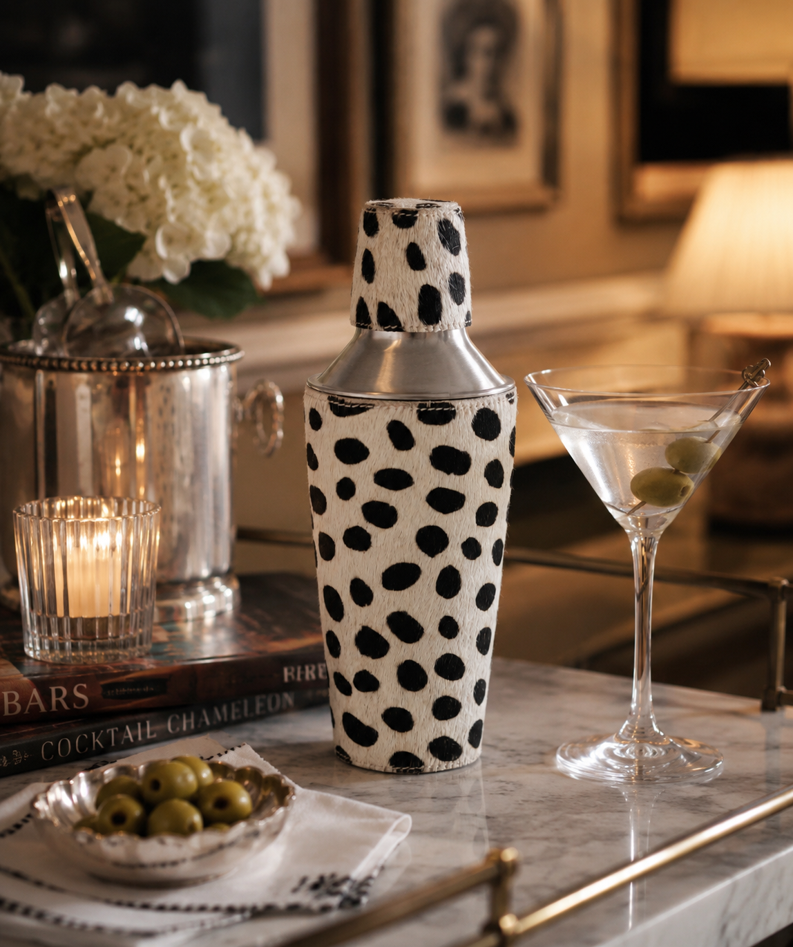 Dalmatian Print Cocktail Shaker - Hair-On-Hide, Blue Pheasant