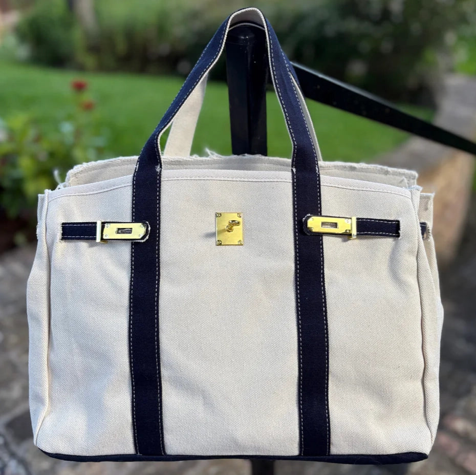 Canvas Tote Bag w/ Gold Buckle Hardware - "Boatkin" Navy Trim