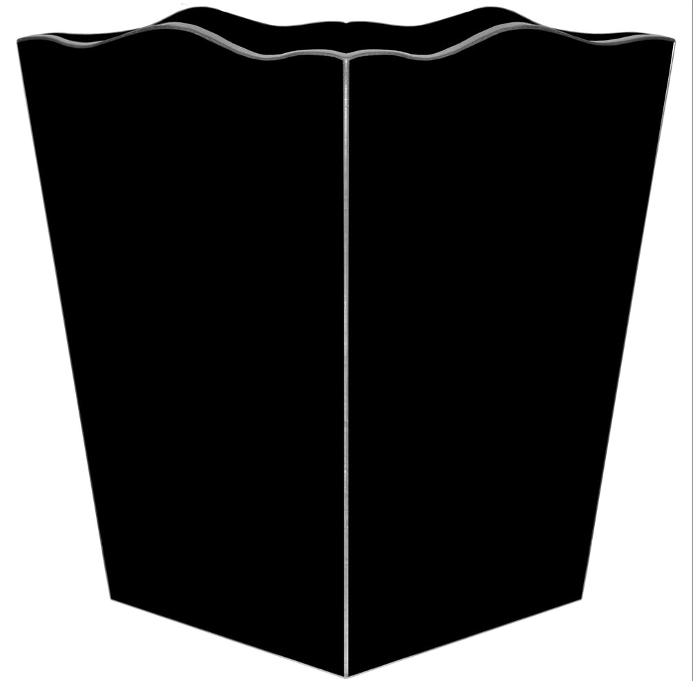 Black Wooden Waste Bin, Silver Scalloped Trim