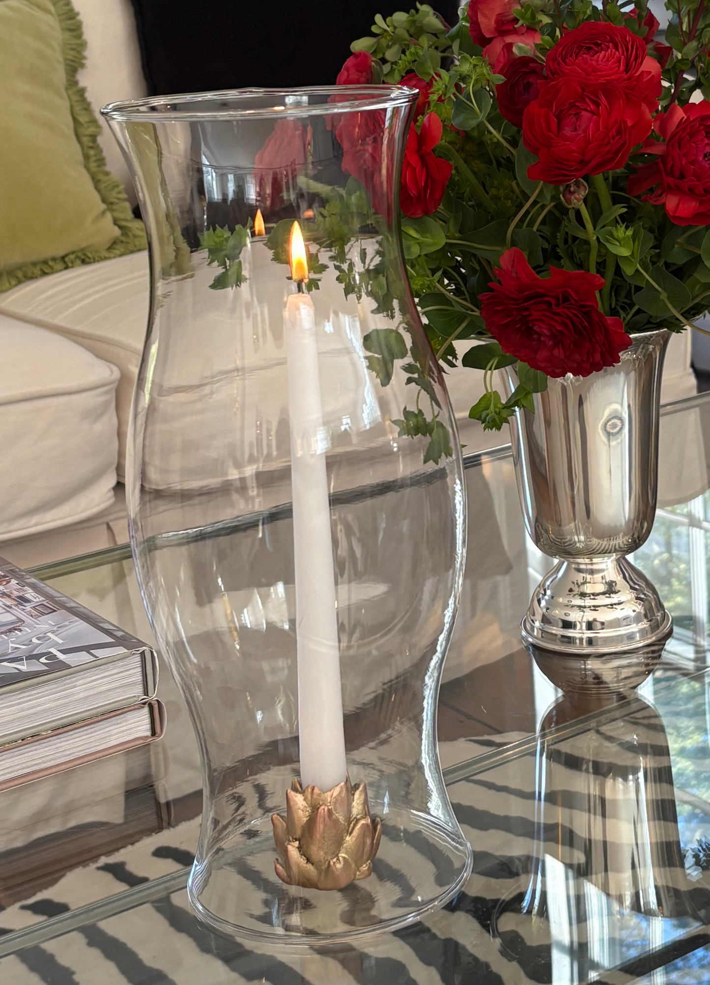 Chic Artichoke Candle Stick Holder with Grand Hurricane Tall