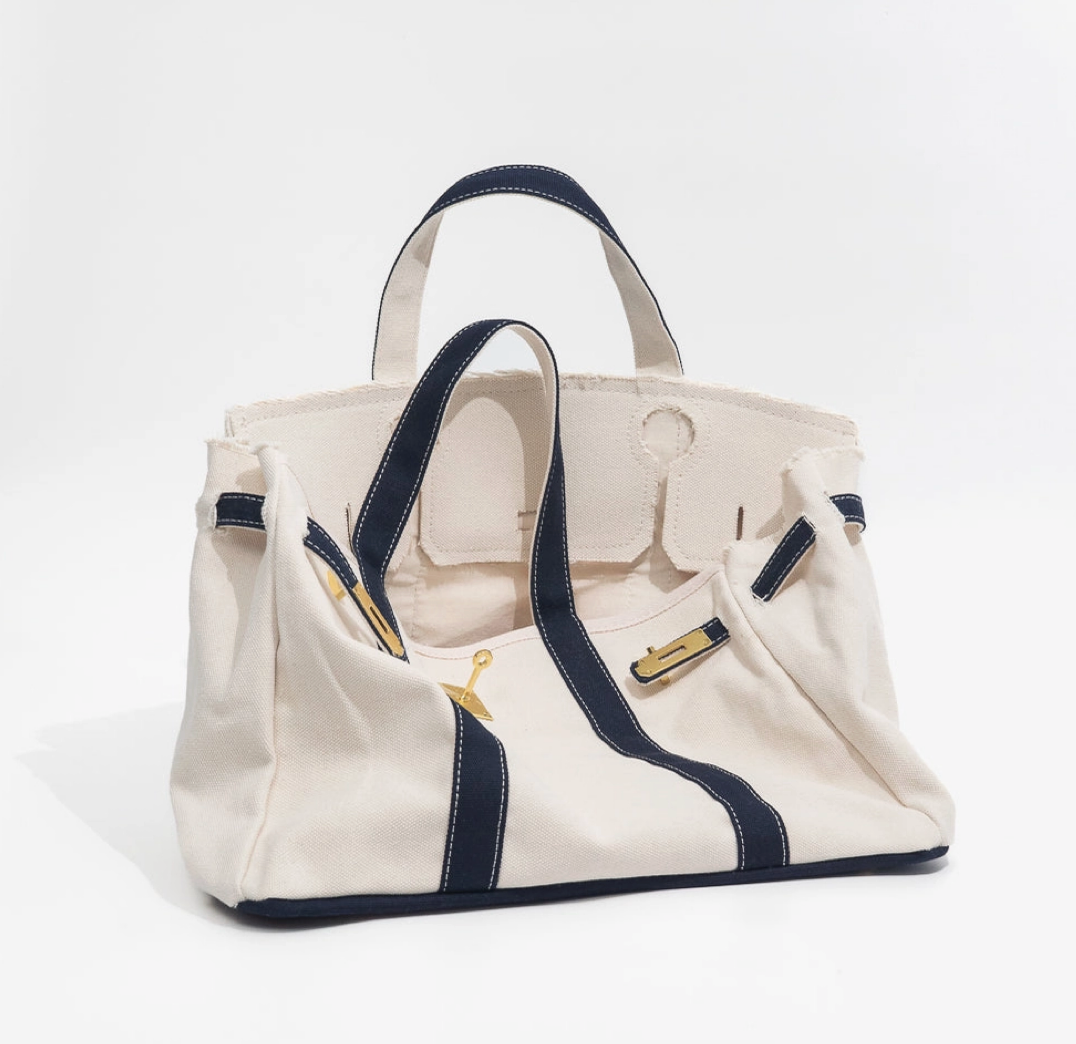 Canvas Tote Bag w/ Gold Buckle Hardware - "Boatkin" Navy Trim