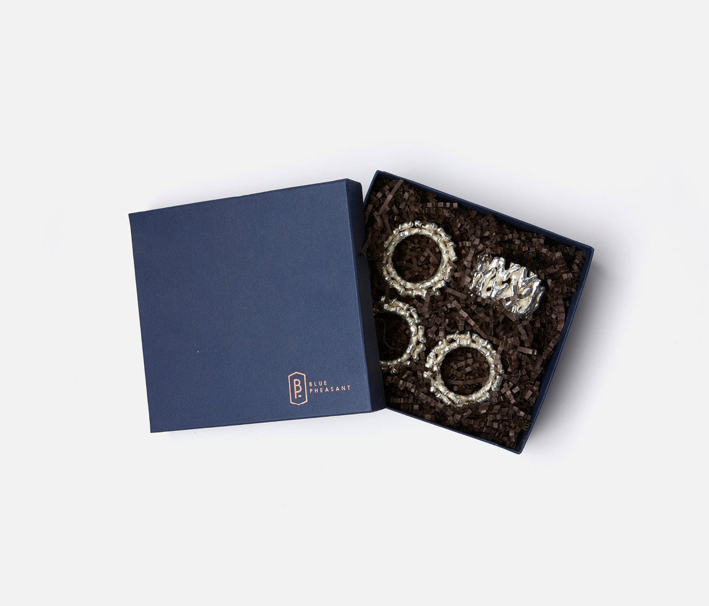 Sasha Shiny Silver Napkin Ring, Blue Pheasant - Set of 4