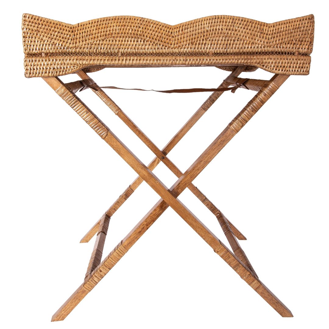 Wauwinet Rattan Scallop Butler Tray: Folding Wooden Legs