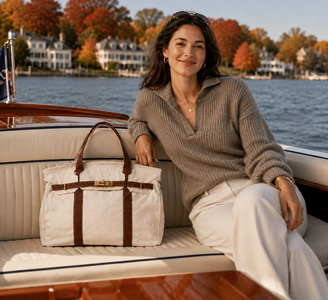 Canvas Tote Bag w/ Gold Buckle Hardware - "Boatkin" Brown Trim