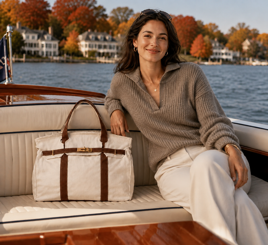 Canvas Tote Bag w/ Gold Buckle Hardware - "Boatkin" Brown Trim
