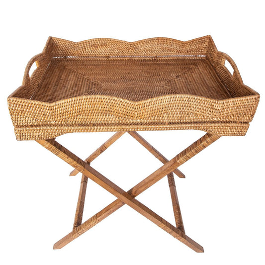 Wauwinet Rattan Scallop Butler Tray: Folding Wooden Legs