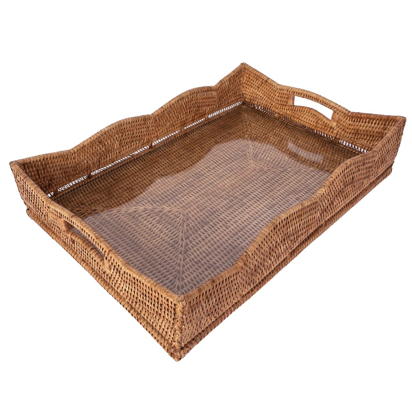 Wauwinet Rattan Scalloped Rectangular Tray With Glass Insert
