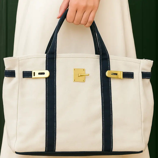 Canvas Tote Bag w/ Gold Buckle Hardware - Navy Trim