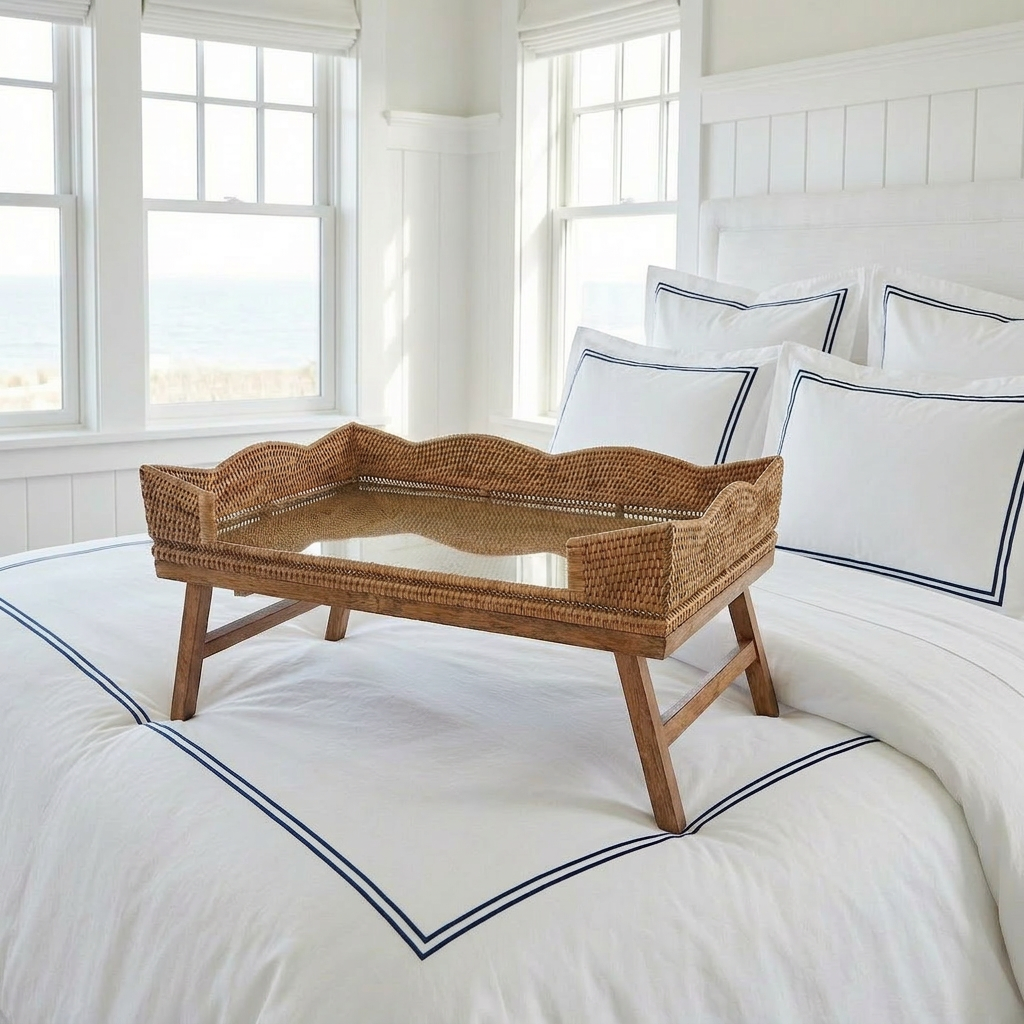 The Wauwinet Rattan Scallop Breakfast Tray: Folding Legs, Glass Top