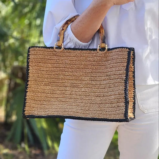 Tan and Black Piper Raffia Bamboo Bag - Preorder