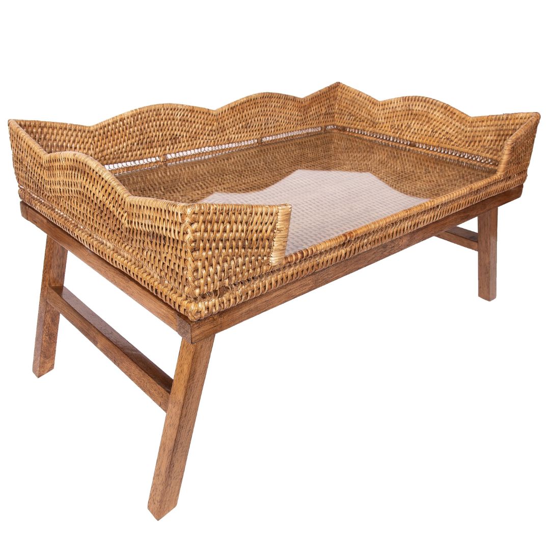 The Wauwinet Rattan Scallop Breakfast Tray: Folding Legs, Glass Top