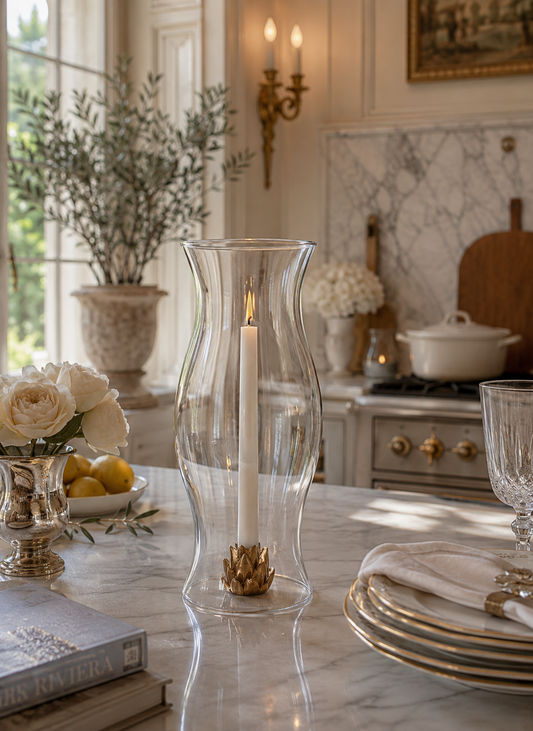 Chic Golden Artichoke Candle Stick Holder with Grand Hurricane Tall