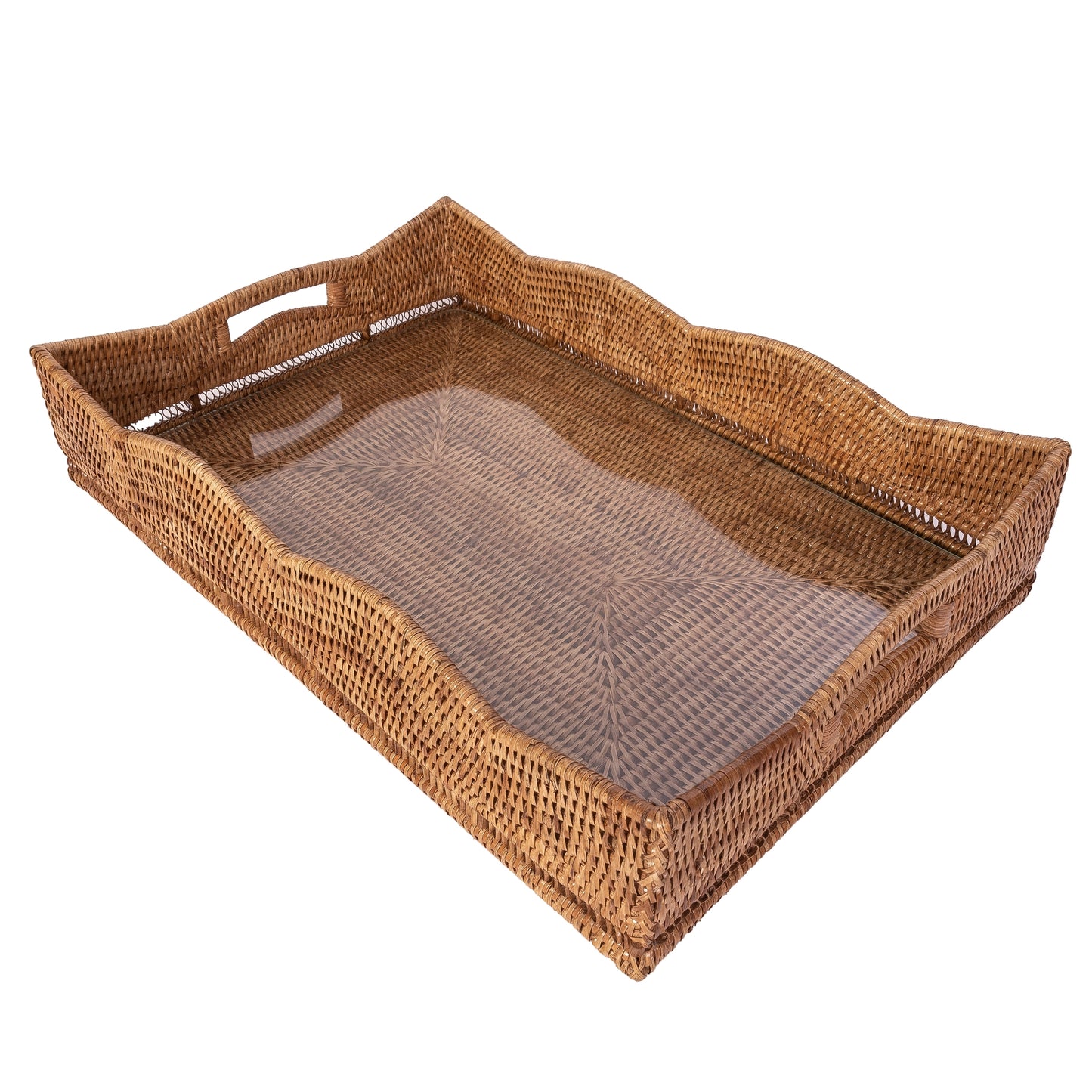 Wauwinet Rattan Scalloped Rectangular Tray With Glass Insert