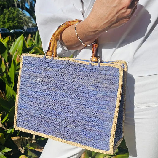 Blue and Hay Piper Raffia Bamboo Bag