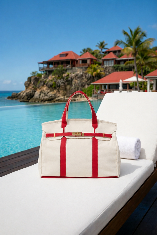 Canvas Tote Bag w/ Gold Hardware - "Boatkin" in Red