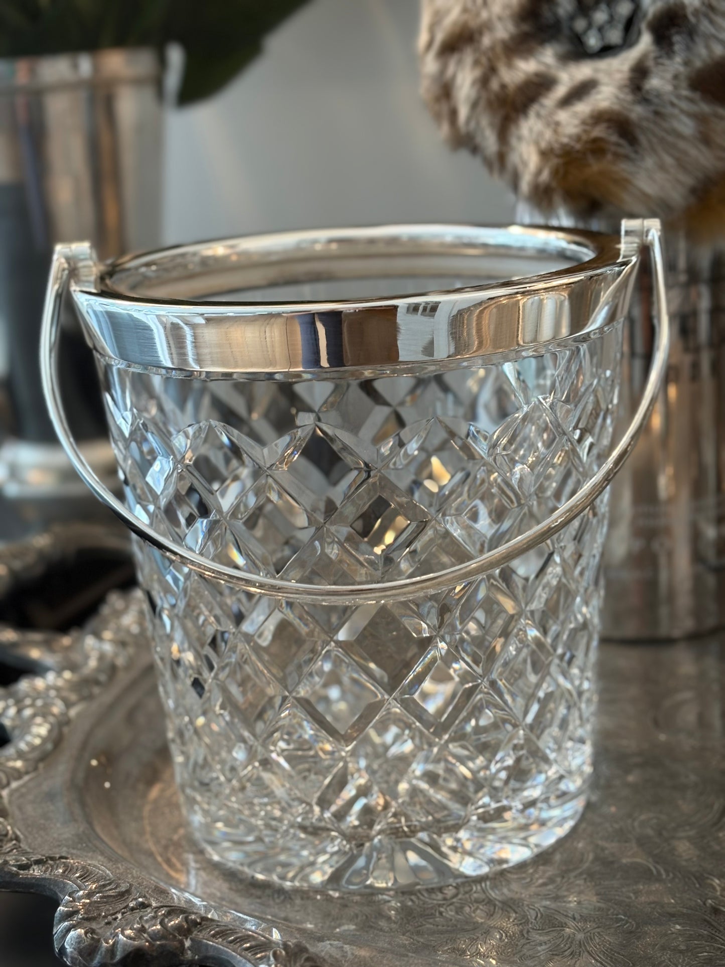 Hôtel Silver - Vintage Cut Glass Ice Bucket With Silver Rim & Handle