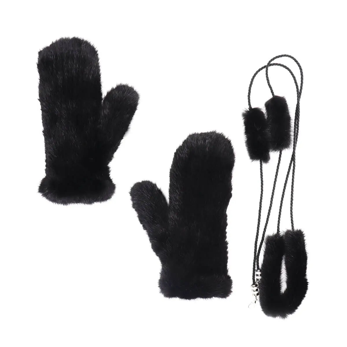 Black Mink Fur Mittens with Rope String by Surrell