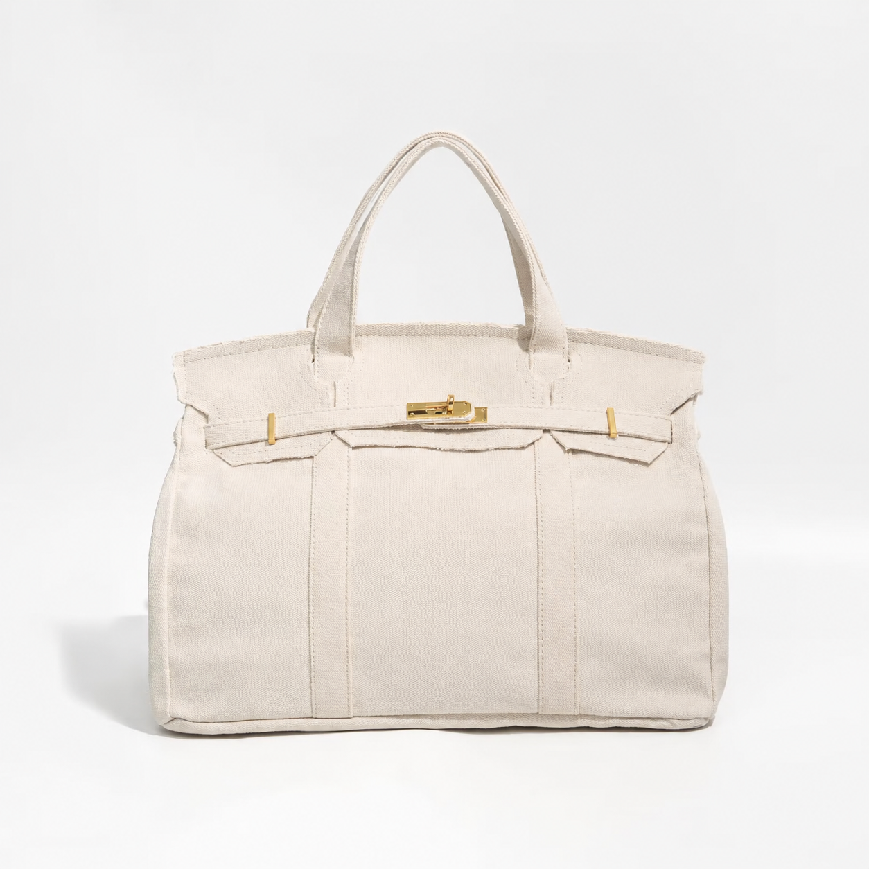 Canvas Tote Bag w/ Gold Buckle Hardware - "Boatkin" White/Ivory