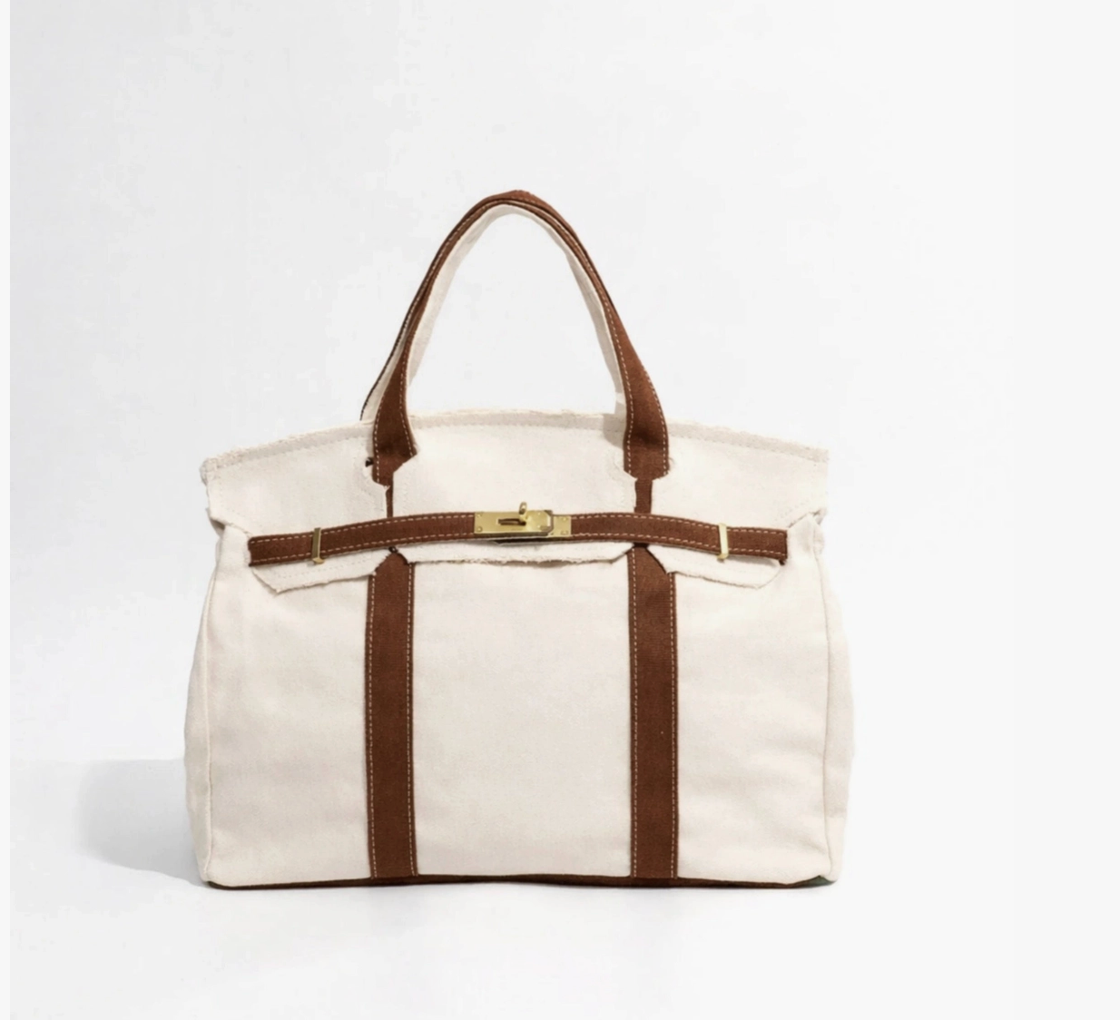Canvas Tote Bag w/ Gold Buckle Hardware - "Boatkin" Brown Trim