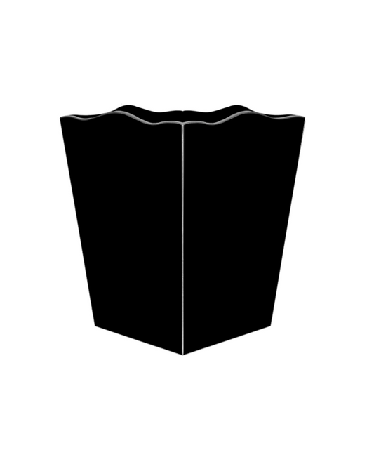 Black Wooden Waste Bin, Silver Scalloped Trim