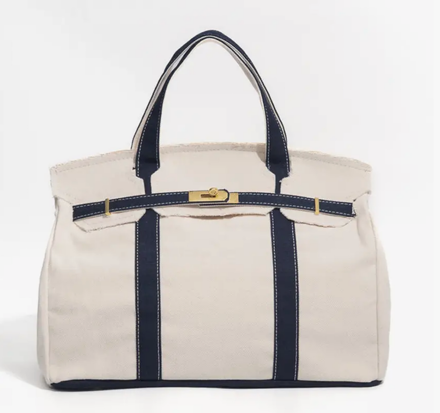 Canvas Tote Bag w/ Gold Buckle Hardware - "Boatkin" Navy Trim