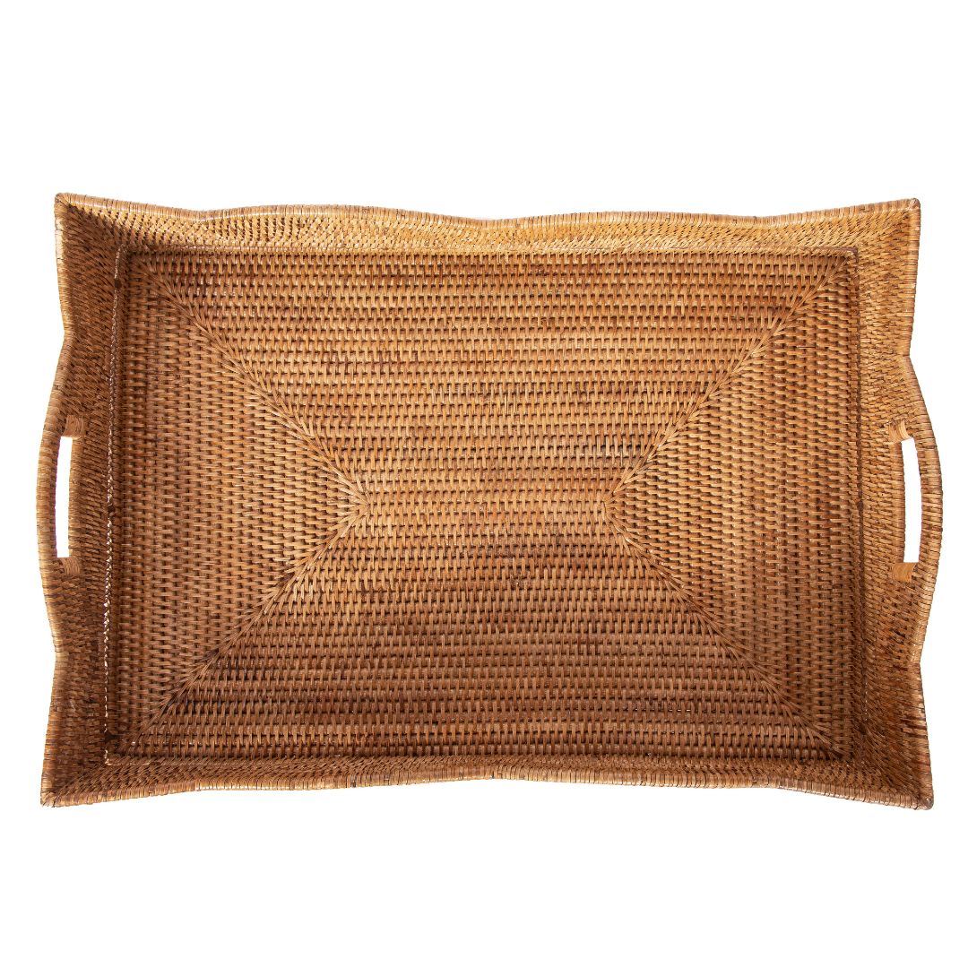 Wauwinet Rattan Scallop Butler Tray: Folding Wooden Legs