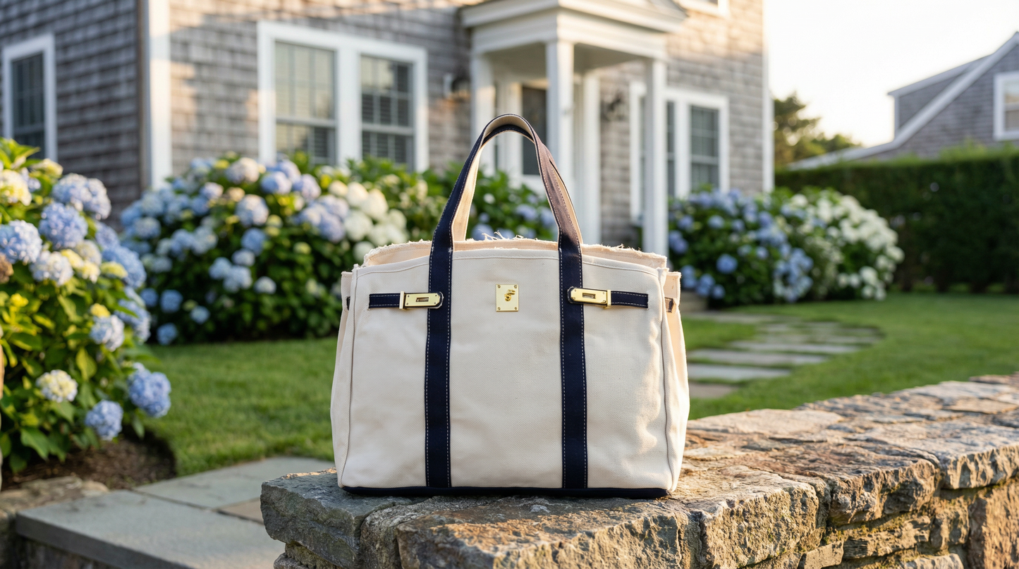 Canvas Tote Bag w/ Gold Buckle Hardware - "Boatkin" Navy Trim