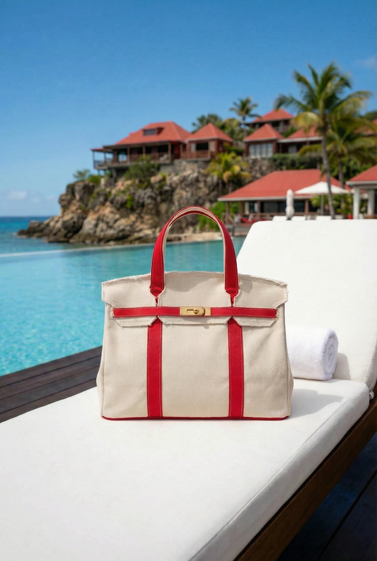 Canvas Tote Bag w/ Gold Hardware - "Boatkin" in Red