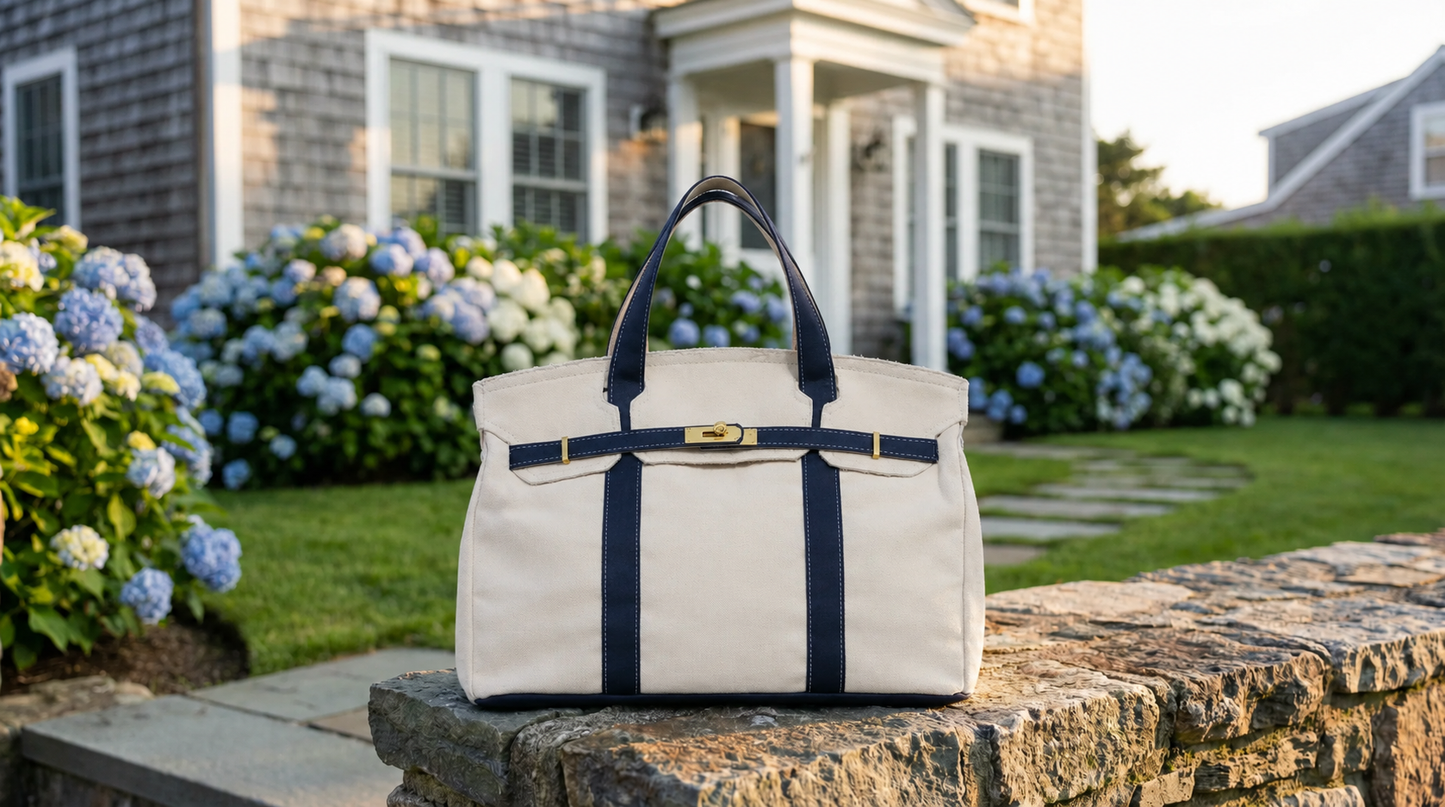 Canvas Tote Bag w/ Gold Buckle Hardware - "Boatkin" Navy Trim