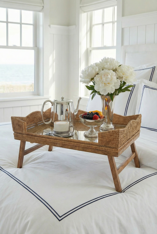 The Wauwinet Rattan Scallop Breakfast Tray: Folding Legs, Glass Top